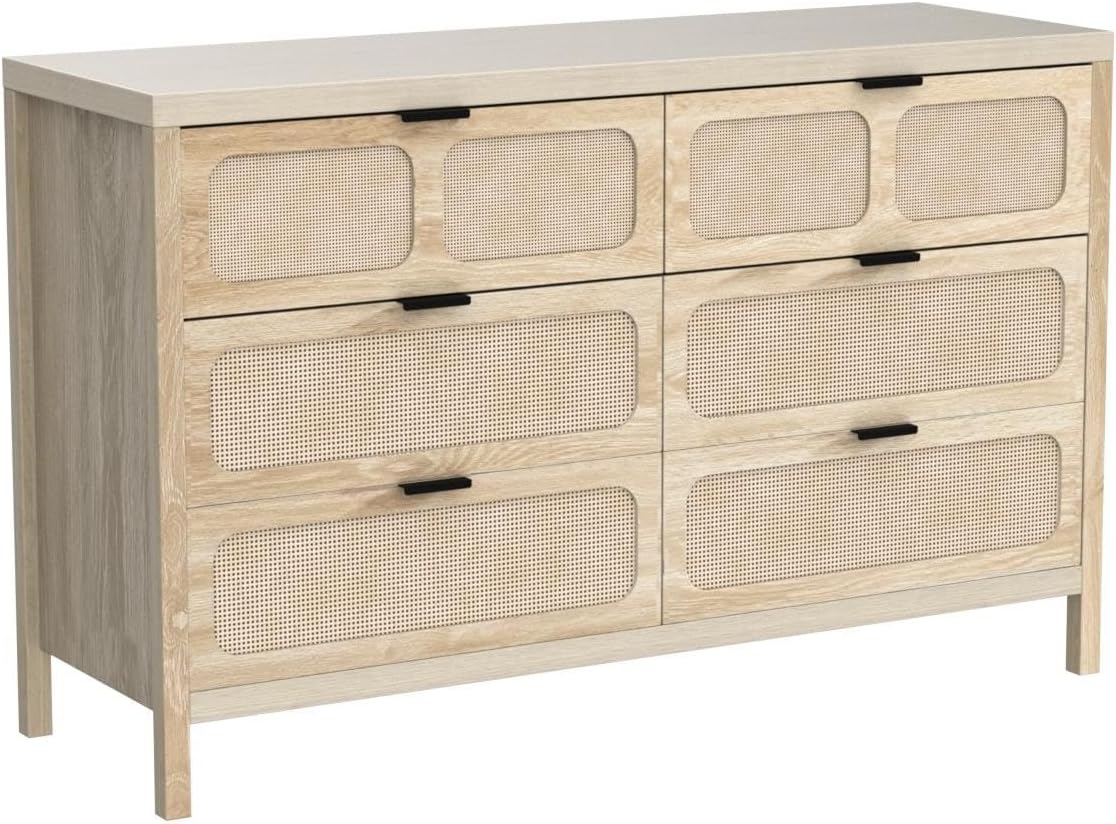 6 Drawer Dresser, Modern Rattan Dresser Chest with Wide Drawers and Metal Handles, Farmhouse Wood Storage Chest of Drawers for Bedroom, Living Room, Hallway, Entryway (Natural-6 Drawers)