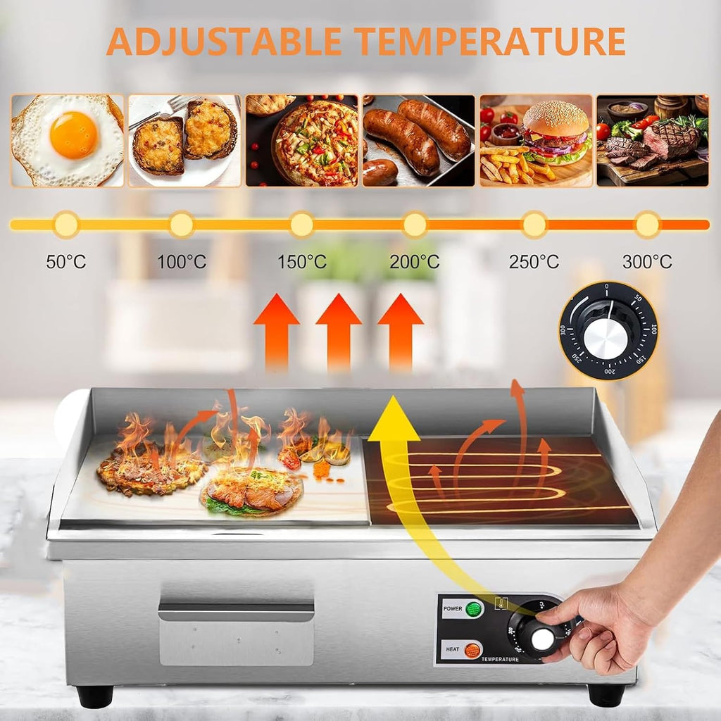2500W 17' Commercial Electric Countertop Griddle Flat Top Grill Hot Plate BBQ, Stainless Steel Restaurant Grill for Kitchen, Adjustable Thermostatic Control
