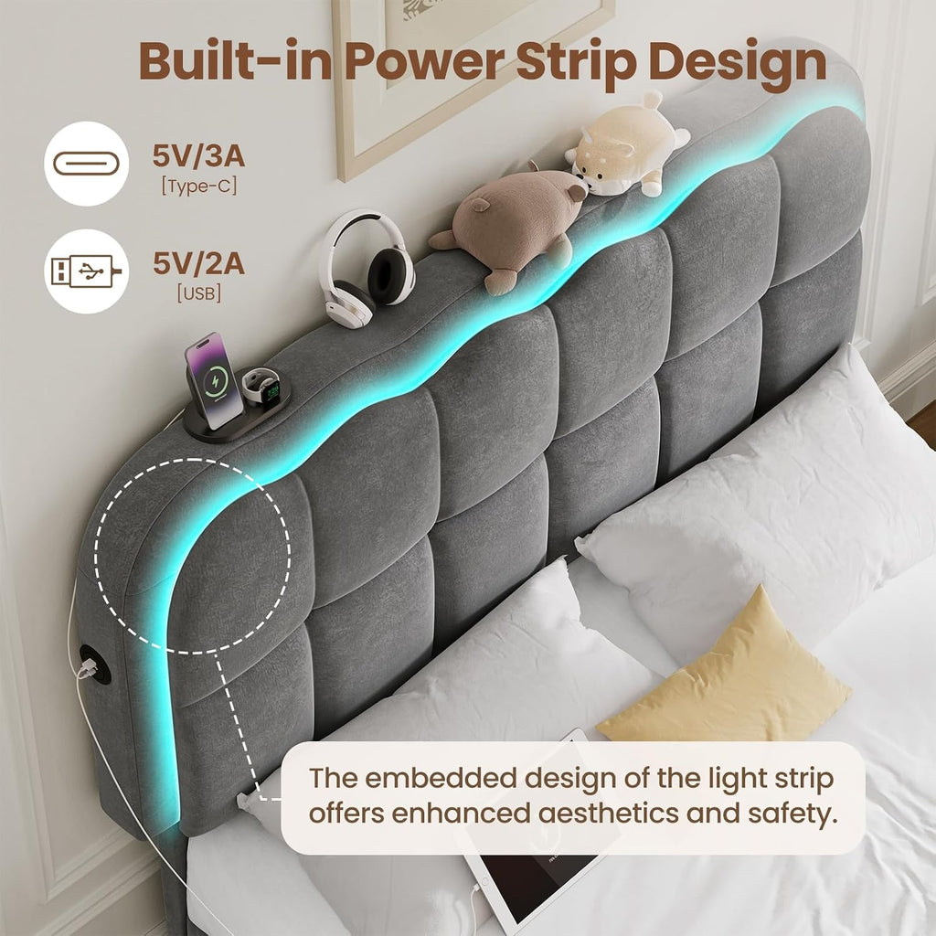 CypBed Full Size Bed Frame with 4 Storage Drawers & LED Lights, Velvet Upholstered Platform Bed Frame with Charing Station and Adjustable Headboard, Wood Slats Support, No Box Spring Needed, Grey