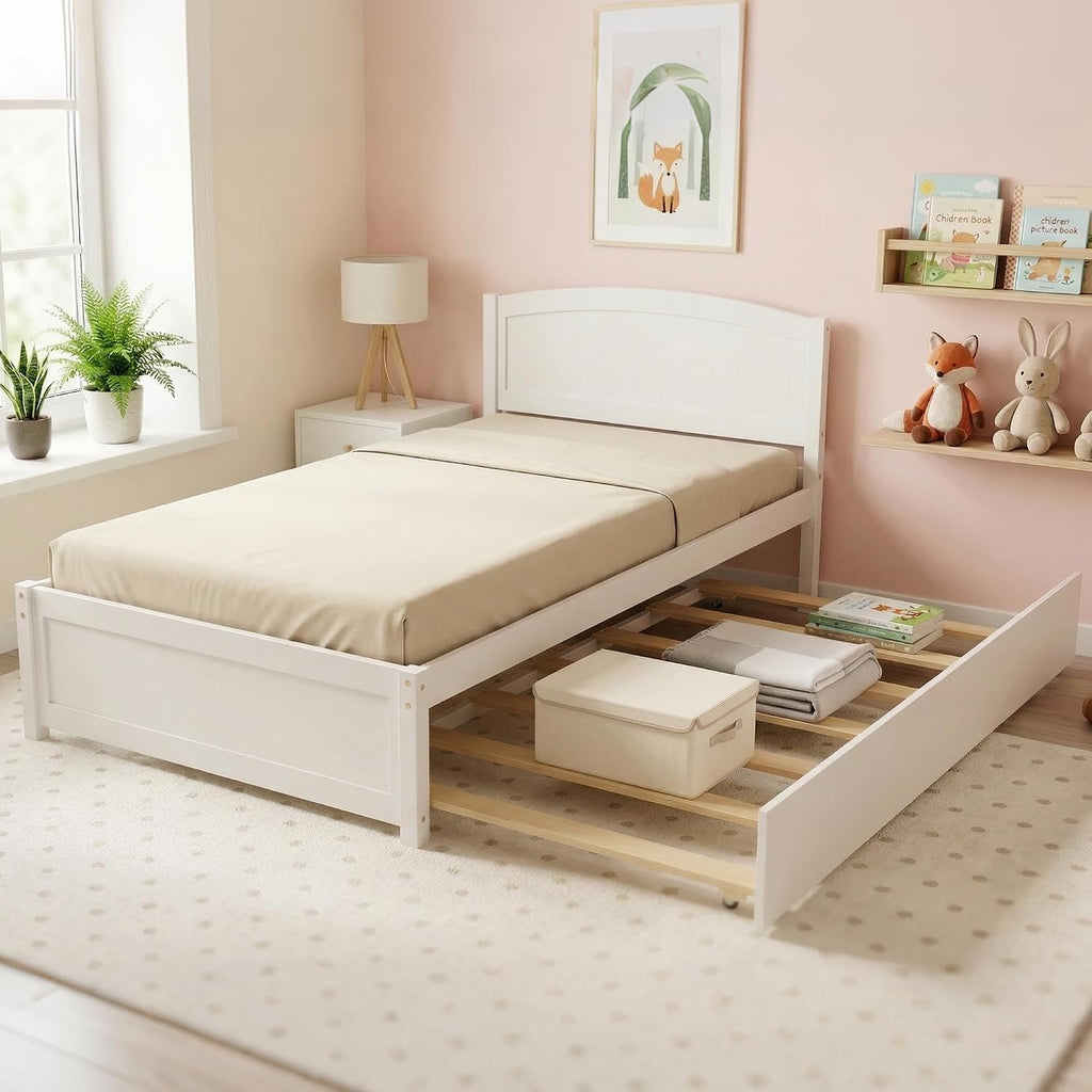 Xilingol Trundle Bed Twin, Solid Wood Bed Frames with Headboard and Wooden Slats Support, Twin Trundle Bed Frame Roll Out, Single Box (No Box Spring Needed), White