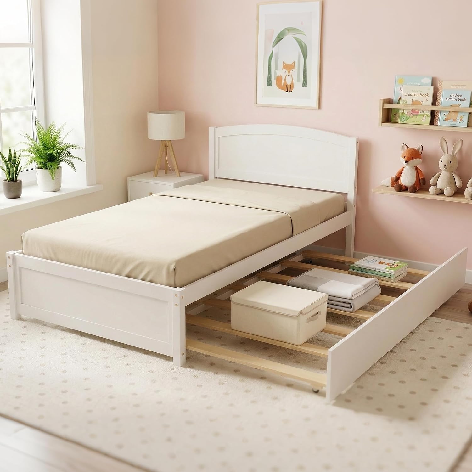 Xilingol Trundle Bed Twin, Solid Wood Bed Frames with Headboard and Wooden Slats Support, Twin Trundle Bed Frame Roll Out, Single Box (No Box Spring Needed), White