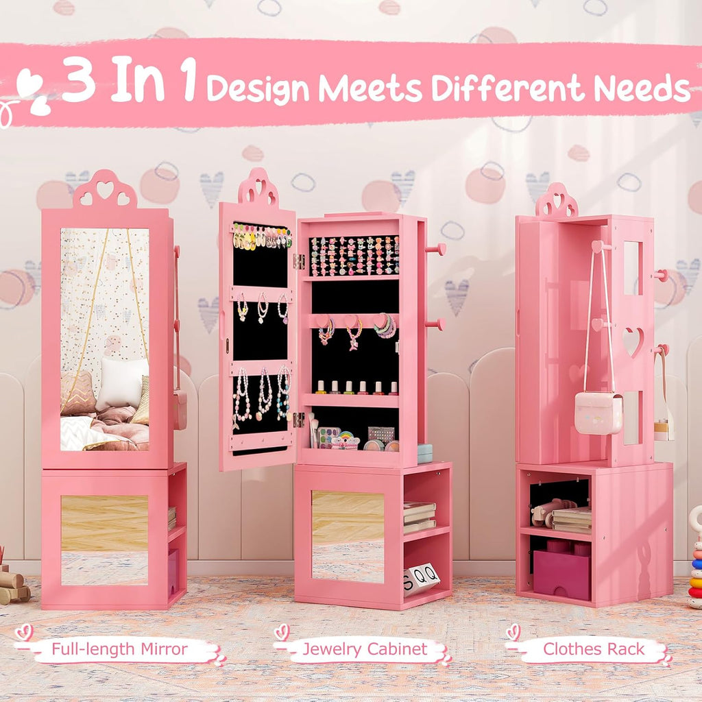 Costzon Kids Vanity & Jewelry Armoire Cabinet, Wooden Vanity Table and Chair Set, Standing Jewelry Organizer with Full-Length Mirror, Large Storage, Kids Bedroom Furniture Set for Girls (Pink)