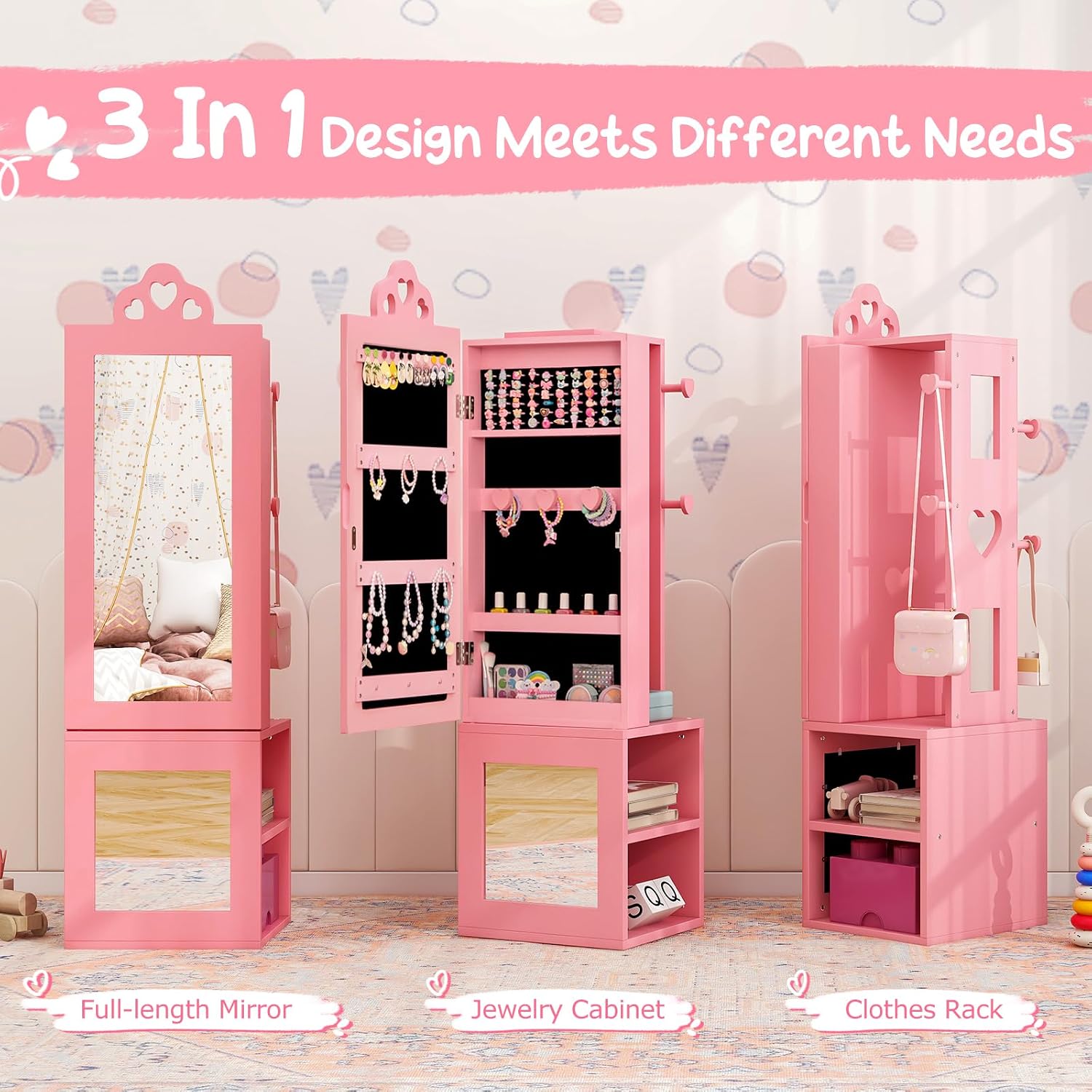 Costzon Kids Vanity & Jewelry Armoire Cabinet, Wooden Vanity Table and Chair Set, Standing Jewelry Organizer with Full-Length Mirror, Large Storage, Kids Bedroom Furniture Set for Girls (Pink)
