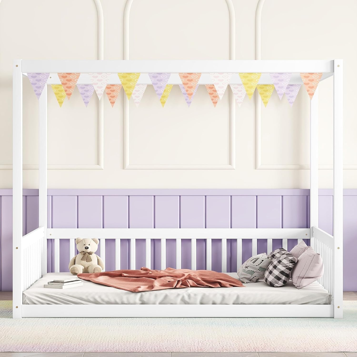 CZBZ Full Size Rubber Wood Canopy Floor Bed with Guardrails, White — Modern Minimalist Bedroom Centerpiece for Rest, Reading & Quiet Play