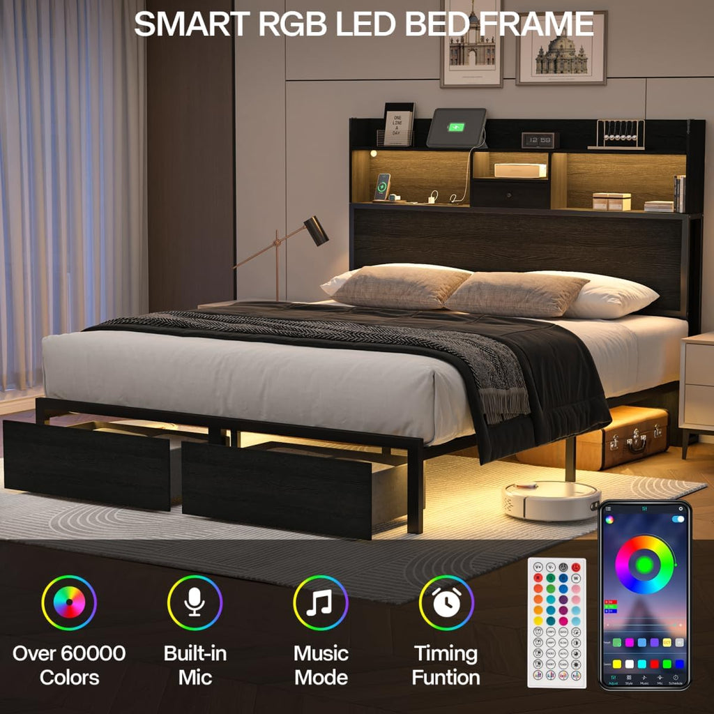 Full Size Bed Frame with Tall Headboard and LED Lights, 51.2' Bookcase Black Bed Frame Full with Storage Drawers and Charging Station, Platform Metal Bed Frames, No Box Spring Needed, Black
