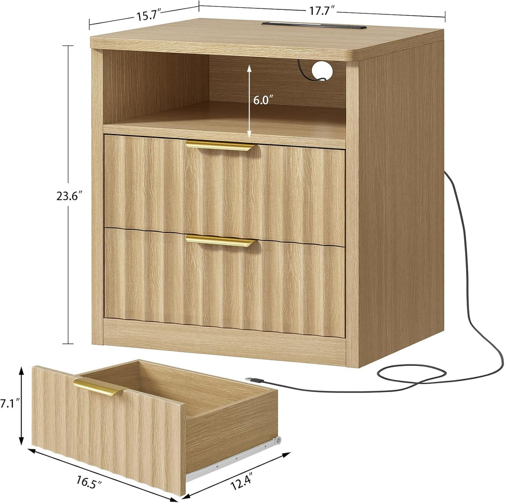 TEENFON Fluted Nightstands Set of 2, Night Stand with Charging Station and LED Light, Storage Drawer and Open Shelf, Modern Bedside Table for Small Space, for Bedroom, Natural