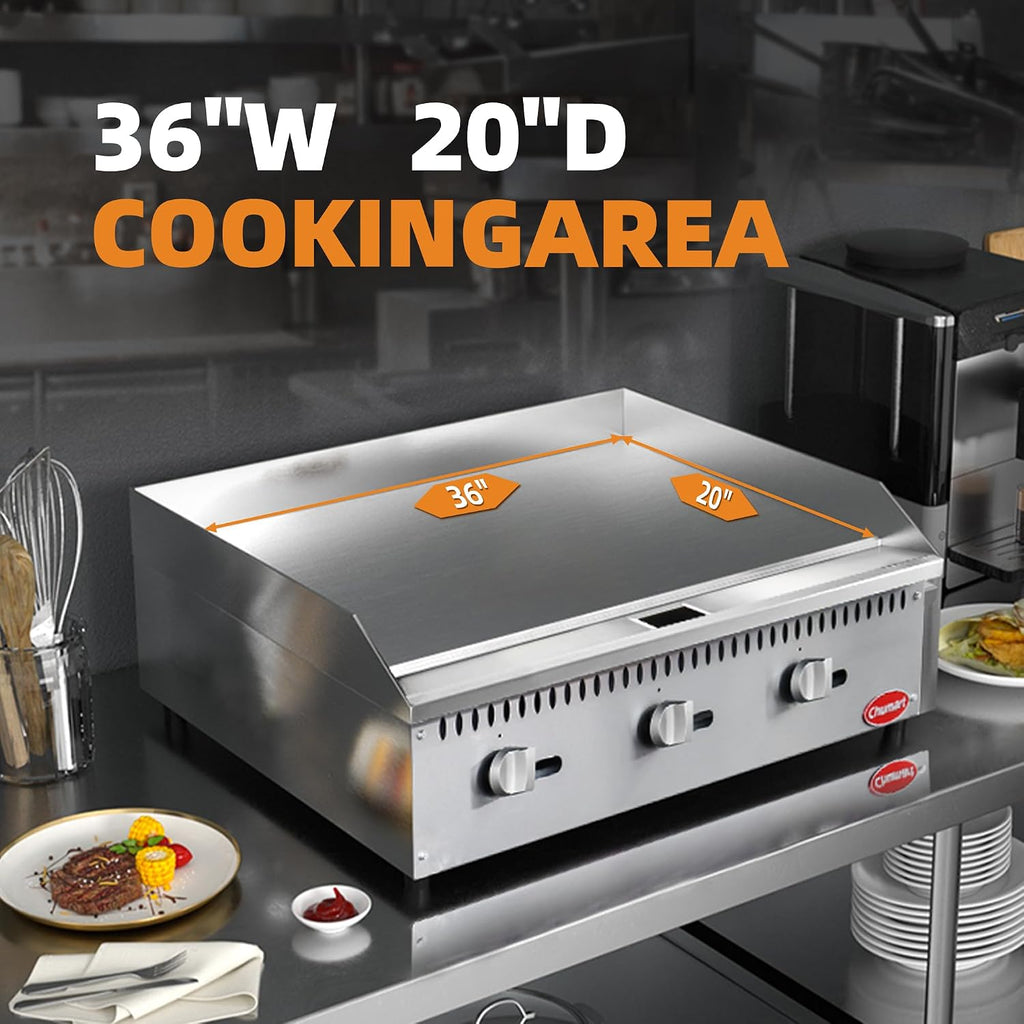 36' Commercial Countertop Griddle, 3 Burners Gas Griddle, 90000 BTU Output, Stainless Steel Flat Top Grill Hot Plate with Natural Gas and Propane Conversion Kit for Restaurant,Food Truck