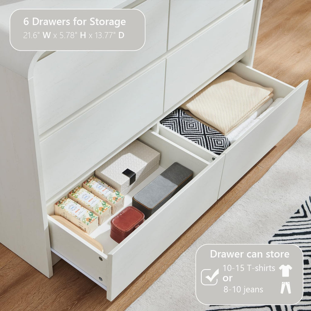 Aitjunz Modern 6 Drawers Dresser for Bedroom, 47' Wide Wood Dressers & Chests of Drawers with Curved Profile Design, Mid Century Modern Dresser for Closet for Bedroom, Living Room, Antique White