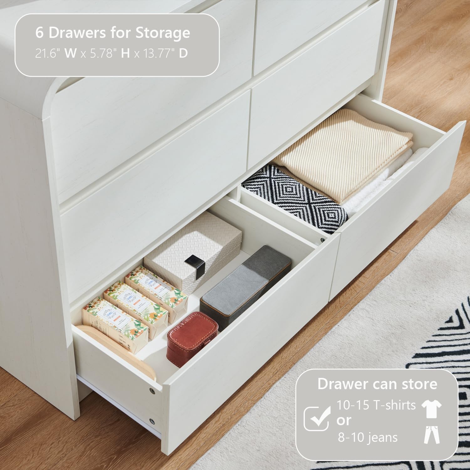 Aitjunz Modern 6 Drawers Dresser for Bedroom, 47' Wide Wood Dressers & Chests of Drawers with Curved Profile Design, Mid Century Modern Dresser for Closet for Bedroom, Living Room, Antique White