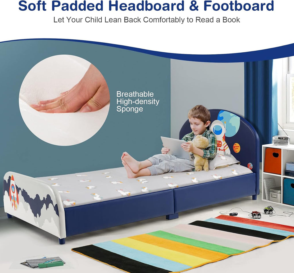 Costzon Twin Bed Frames for Kids, Wood Upholstered Twin Bed Platform with Slat Support, Padded Headboard&Footboard, No Box Spring Needed, Easy Assembly, Fits Standard Twin Mattress (Astronaut)