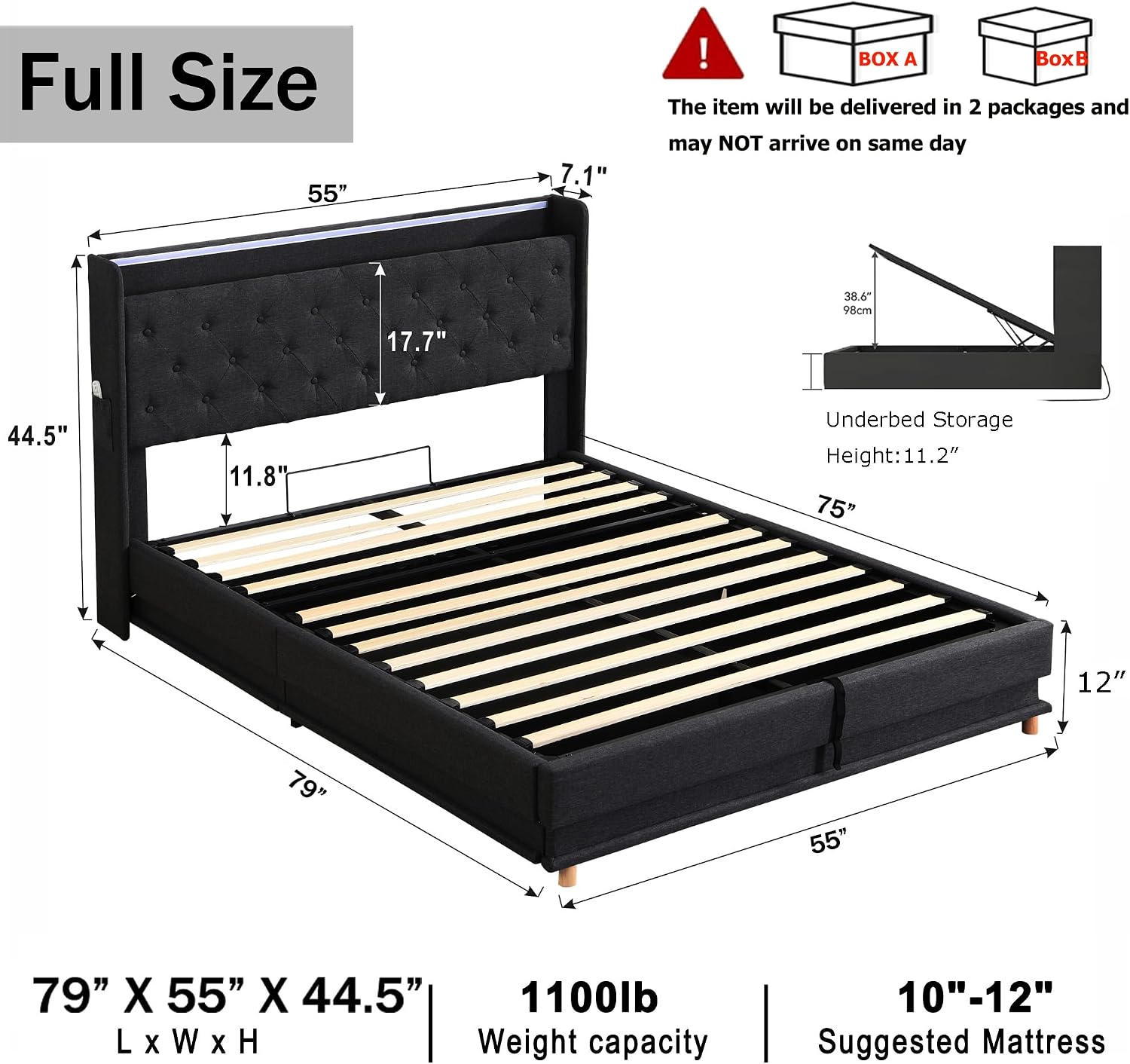 Ailisite Lift Up Storage Bed Full, Bed Frame Full Size with Charging Station & Led Lights, Upholstered Storage Bed with Wingback 2-Tier Bookcase Headboard, Hydraulic Lift, No Box Spring Needed,Black