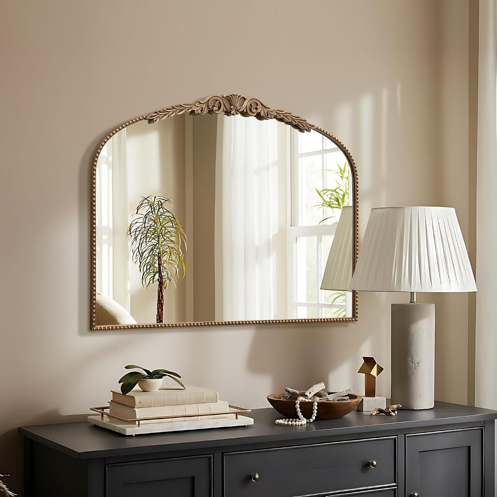 Besdomus Gold Vintage Vanity Mirror: 32'x 24' French Baroque Arched Mirror - Traditional Ornate Antique for Fireplace/Bathroom/Entryway/Dresser - Home Decor for Living Room
