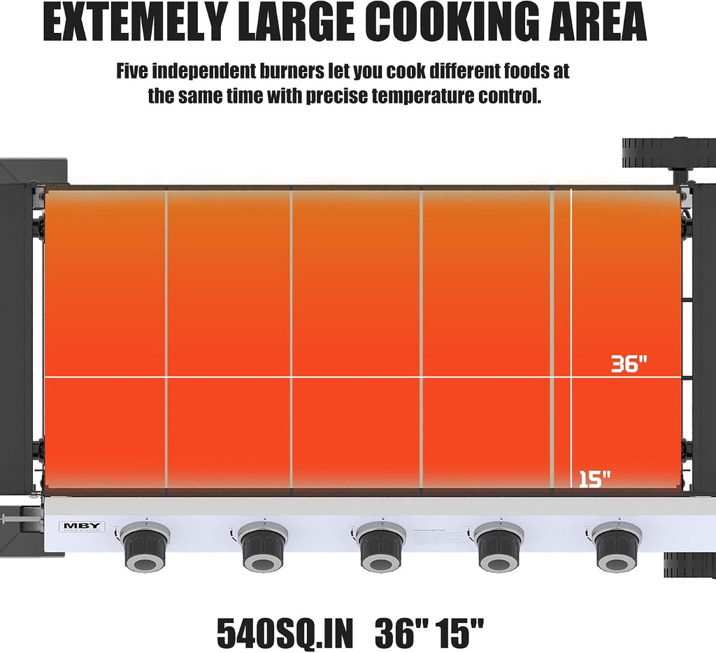 5 Burner Propane Grill with Rainproof Cover 36inch Outdoor Flat Top Griddle Foldable Side Table for Backyards Barbecue