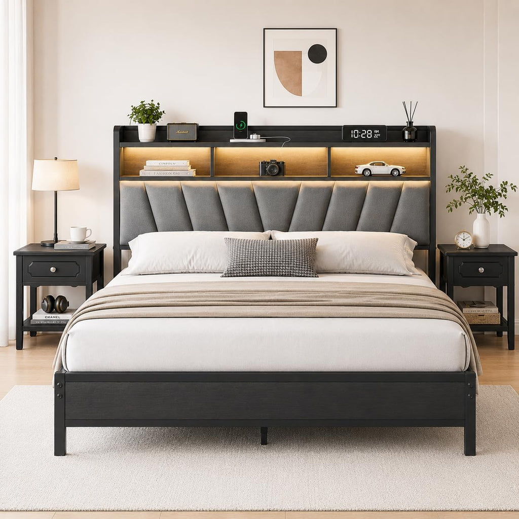 Full Bed Frame with Wood Headboard, Metal Platform Bed with LED Lights & Charging Station, 2-Tier Storage Shelves, Sturdy and Easy Assembly, Under Bed Space, No Box Spring Needed, Noise Free, Black
