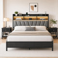 Queen Bed Frame with Wood Headboard, Metal Platform Bed with LED Lights & Charging Station, 2-Tier Storage Shelves, Sturdy and Easy Assembly, Under Bed Space, No Box Spring Needed, Noise Free, Black