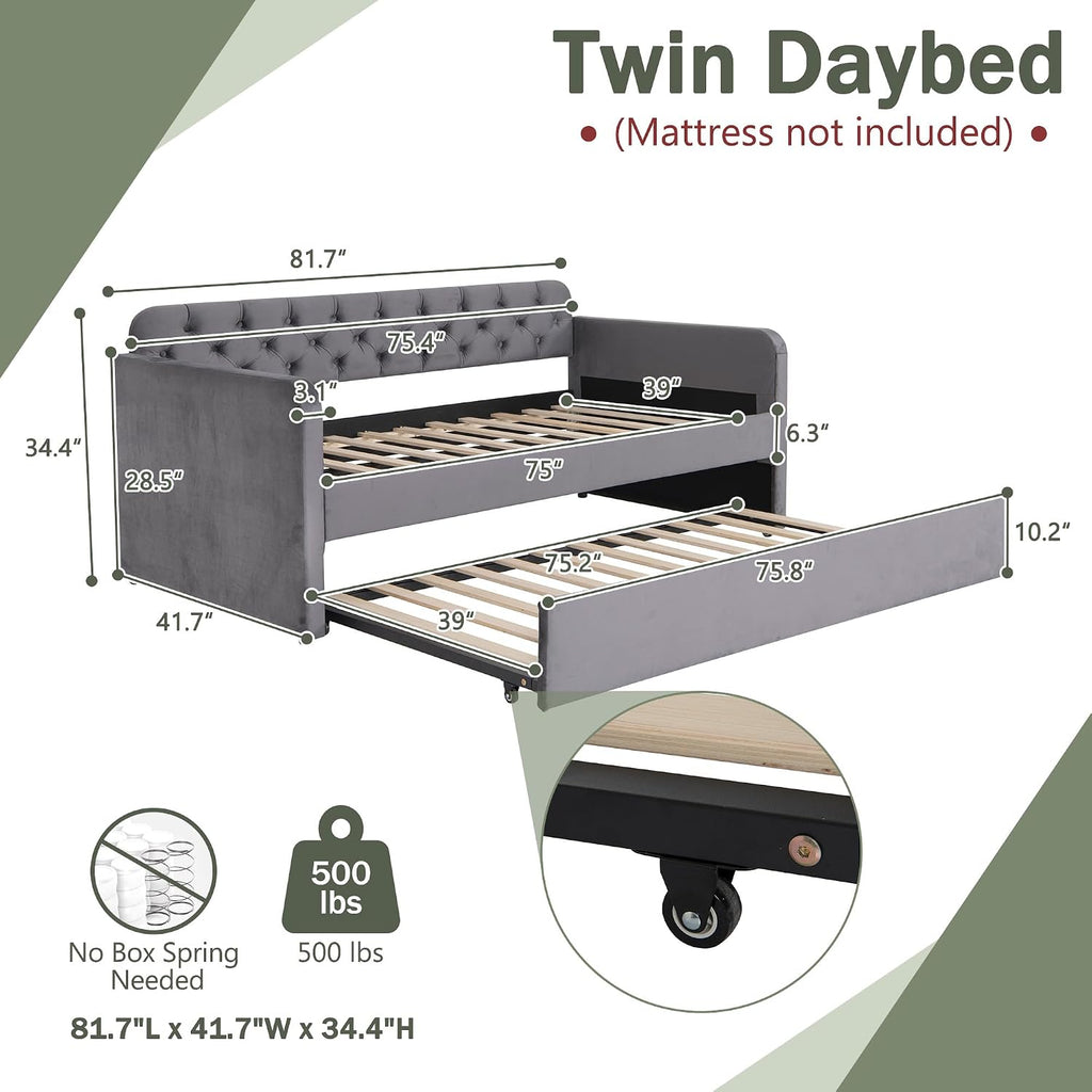 Twin Size Daybed with Trundle Bed, Upholstered Daybed with 2 USB Ports, Sturdy Metal and Wood Frame, Tufted Sofa Bed for Bedroom, No Box Spring Needed, Grey