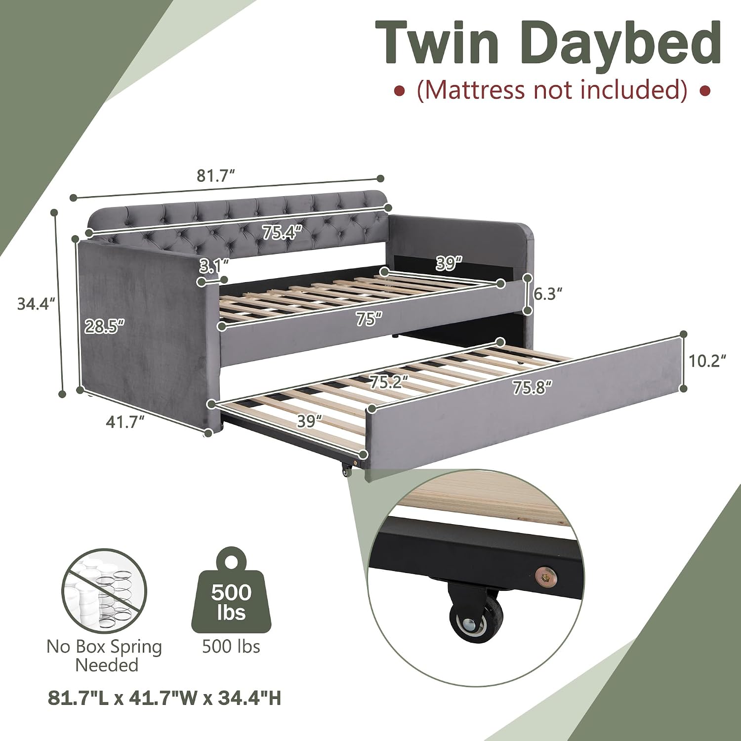 Twin Size Daybed with Trundle Bed, Upholstered Daybed with 2 USB Ports, Sturdy Metal and Wood Frame, Tufted Sofa Bed for Bedroom, No Box Spring Needed, Grey