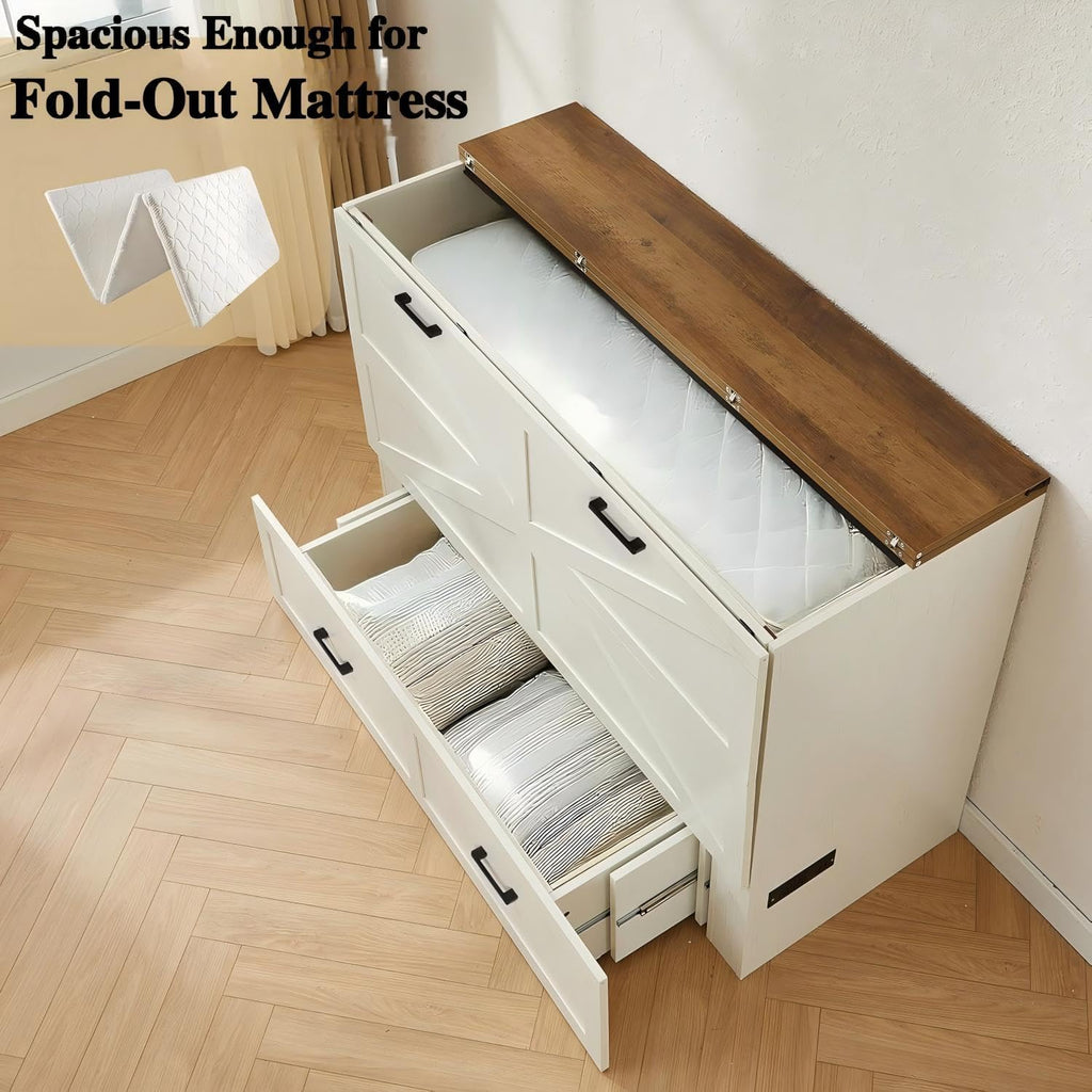 Full Murphy Bed Cabinet with Charging Station and Storage, Farmhouse Foldable Platform Bed for Bedroom, Living Room, Guest Bedroom,Home Office,Rutic White (Full Size)