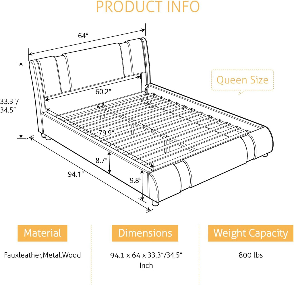 SHA CERLIN Queen Platform Bed Frame with Iron Pieces Decor and Adjustable Headboard/Deluxe Upholstered Modern Bed with Solid Wooden Slats Support/No Box Spring Needed, White with Black Sides