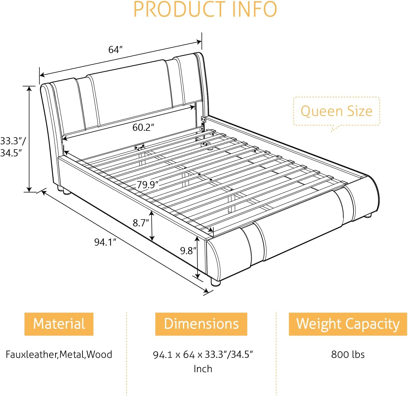 SHA CERLIN Queen Platform Bed Frame with Iron Pieces Decor and Adjustable Headboard/Deluxe Upholstered Modern Bed with Solid Wooden Slats Support/No Box Spring Needed, White with Black Sides