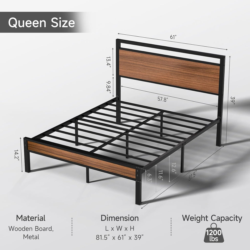 Easy Assembly Queen Bed Frame with Modern Wood Headboard & Footboard, Upgraded Heavy Duty Metal Sturdy Bed Frame Queen Size, Stable Platform Bed Furniture Bed Storage, No Noise, No Box Springs, Walnut