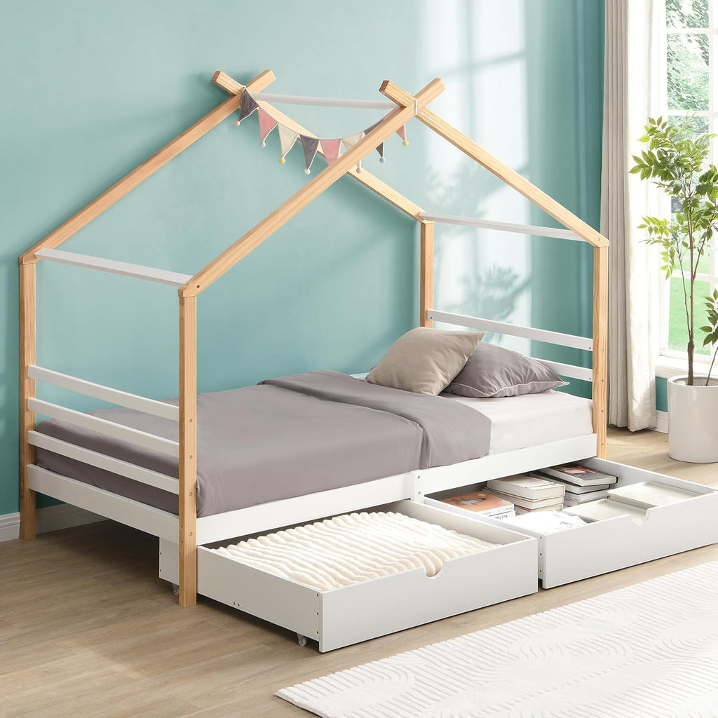 Twin Size House Bed with Storage Drawers for Kid Bedroom, Twin Wood Bed Frames for Boys Girls, Playhouse Platform Bed Frame with Roof, No Box Spring Needed, 78.13' L x 41.3' W x 70' H