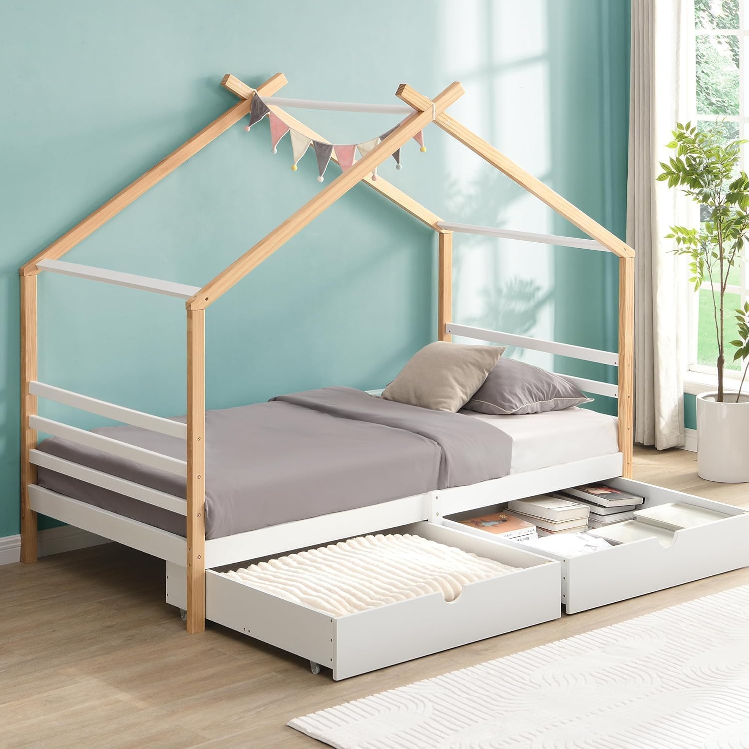 Twin Size House Bed with Storage Drawers for Kid Bedroom, Twin Wood Bed Frames for Boys Girls, Playhouse Platform Bed Frame with Roof, No Box Spring Needed, 78.13' L x 41.3' W x 70' H