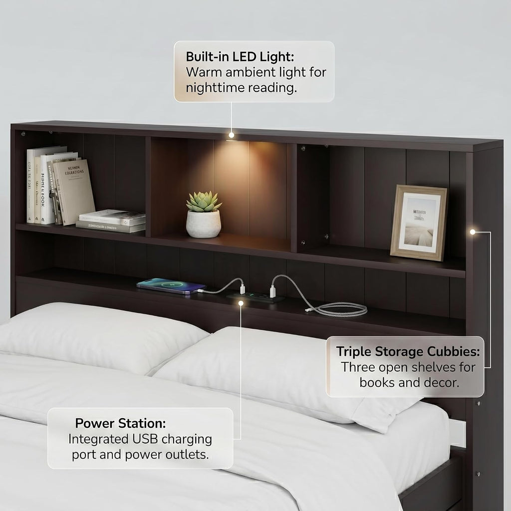 MERITLINE Twin Bed with Storage Headboard,Drawers,Charging Station and LED Lights, Wood Platform Bed with Storage Bookcase, No Box Spring Needed (Twin,Espresso)
