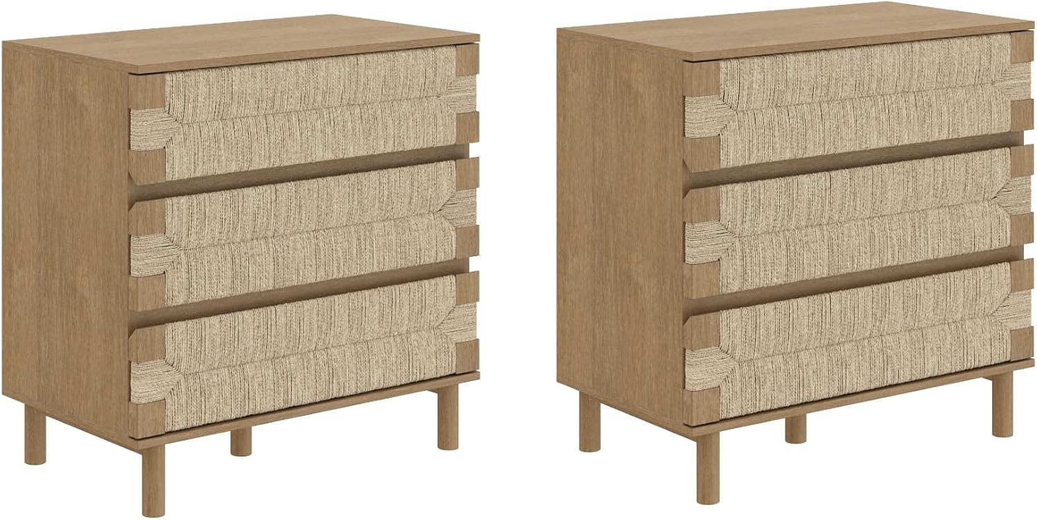 Nathan James Beacon 3 Drawer, Light Brown Boho, Bohemian Woven Seagrass Storage Cabinet for Living Room, Set of 2