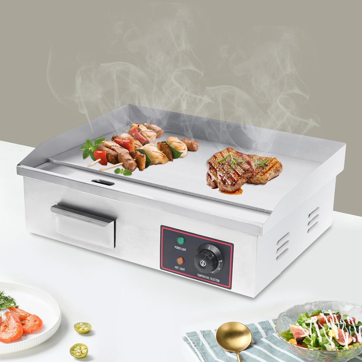 21''Commercial Electric Countertop Griddle,3000W Stainless Steel BBQ Flat Top Grill Frying Pan with Temperature Control 122°F-572°F for Restaurant Pancake Kitchen Steak (21.26 * 15.75 * 8.66 in)
