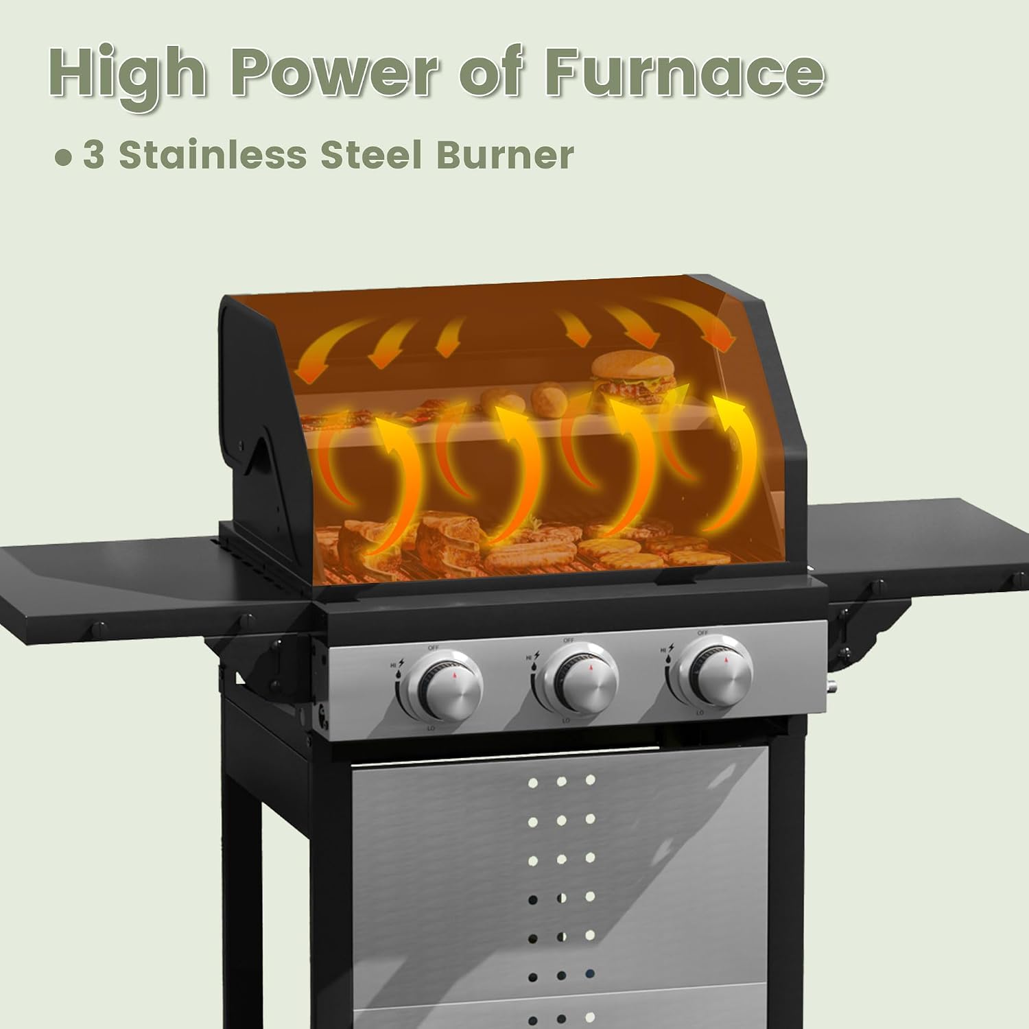 3 Burners Propane Gas Grill, Stainless Steel BBQ Grill with Porcelain-Enameled Cast Iron Grates, 28,500 BTU Outdoor Patio Barbeque Grill with 2 Foldable Side Tables for Party, Camping, Backyard