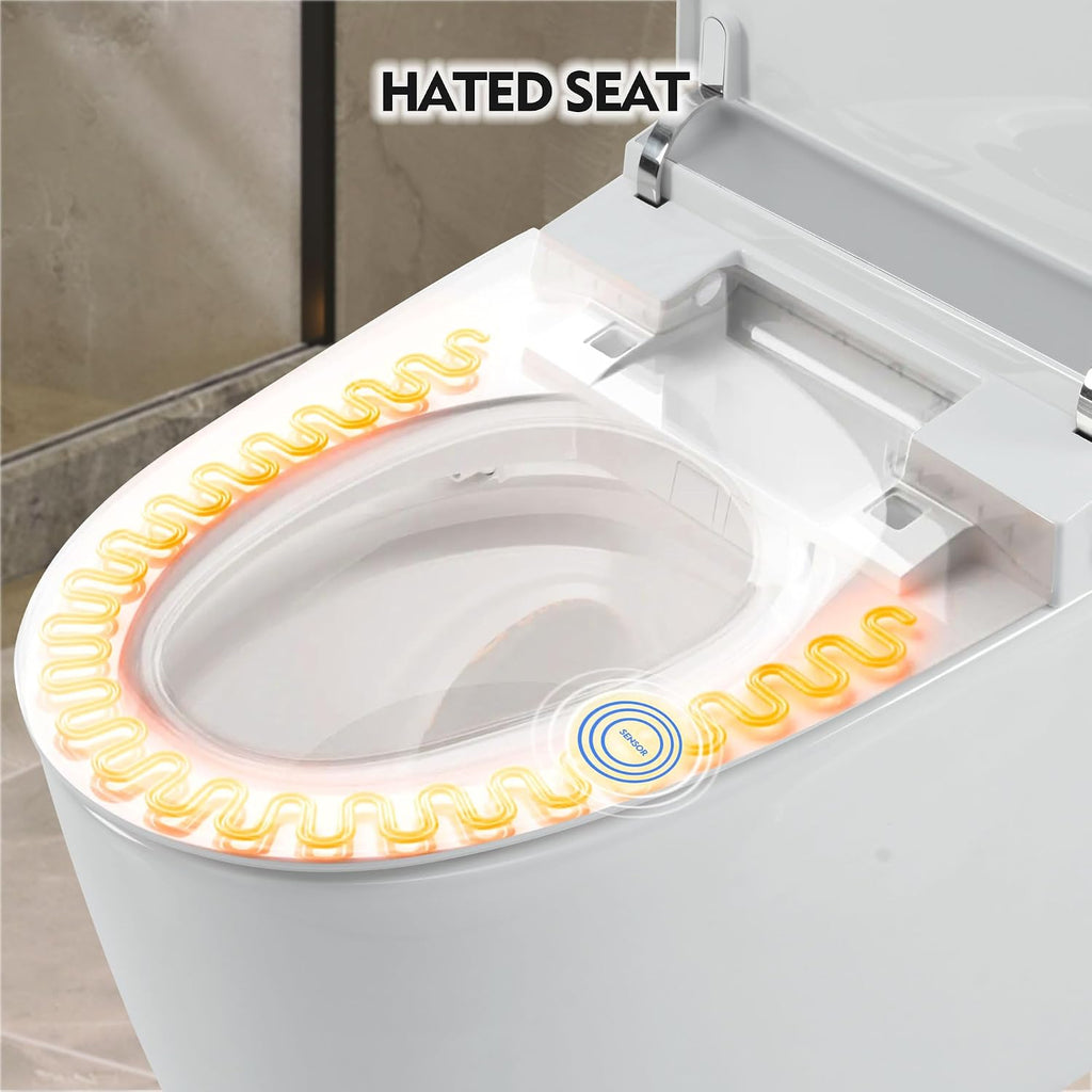 Heated Seat Smart One Piece Toilet, Automatic Flush Tank Less without Bidet, with Foot sensor Flush, White Night Light, Knob Control, Power Outage Flushing, Soft Close Cover