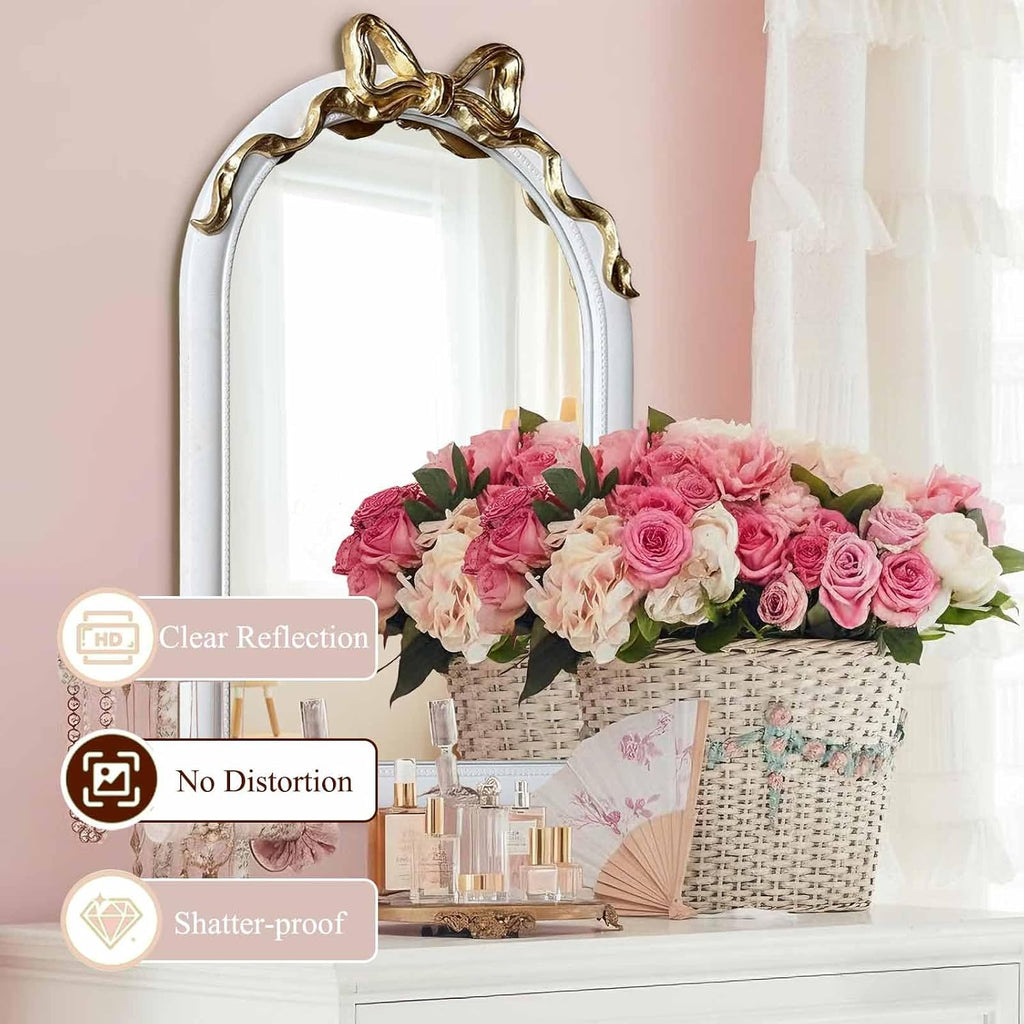 36x24 Arched White Bow Wall Mirror with Gold Ribbon, Vintage Vanity Mirror for Bedroom & Nursery Decor, Cute Coquette Aesthetic Engineered Wood Frame, Shabby Chic Style