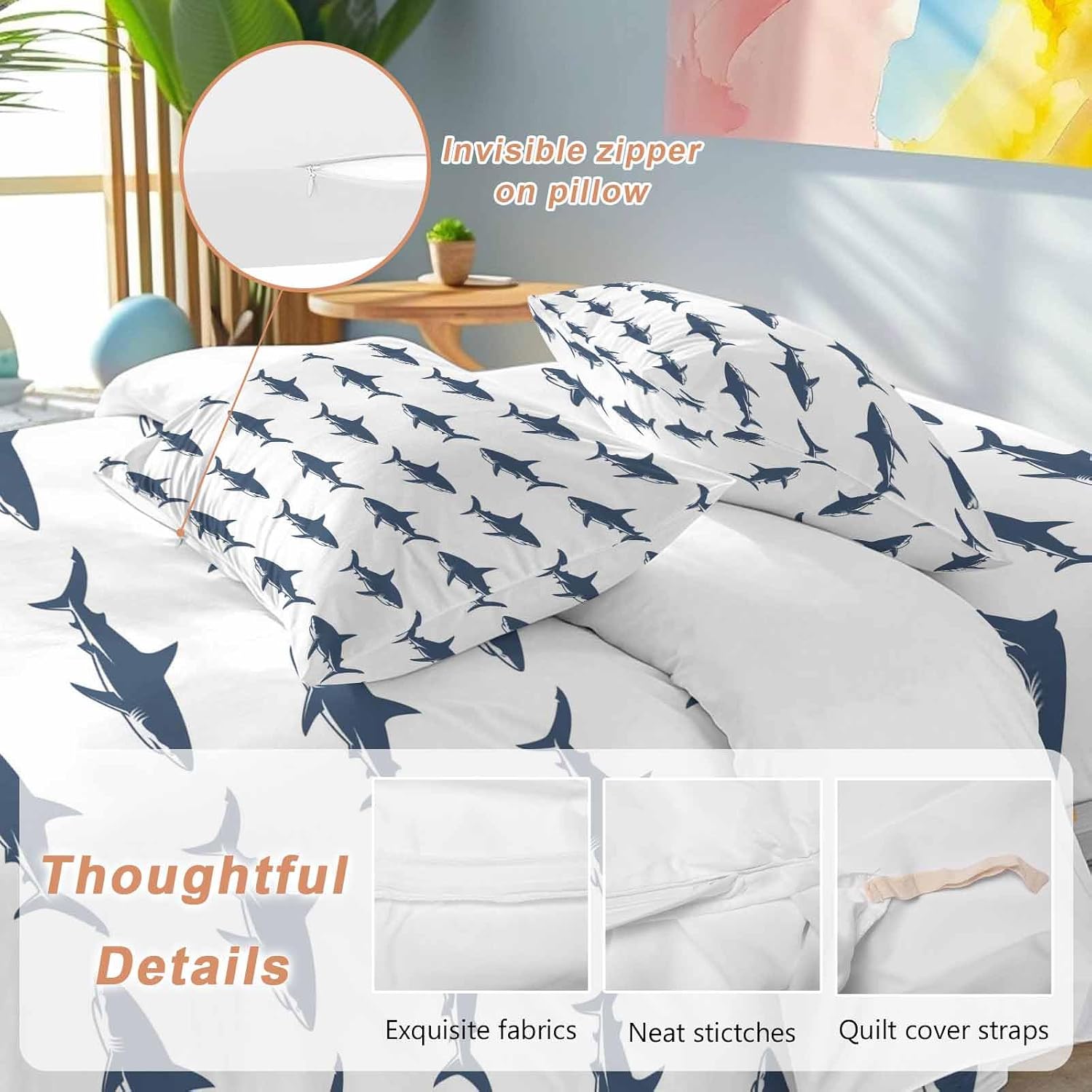Prime Leader Abstract Sharks Duvet Cover Set Queen Size 4 Pieces Navy Blue Fish Simple Style Ocean Life Bedding Set with Zipper Closure, 1 Comforter Cover 86x86 Inches 1 Flat Sheet & 2 Pillow Cases