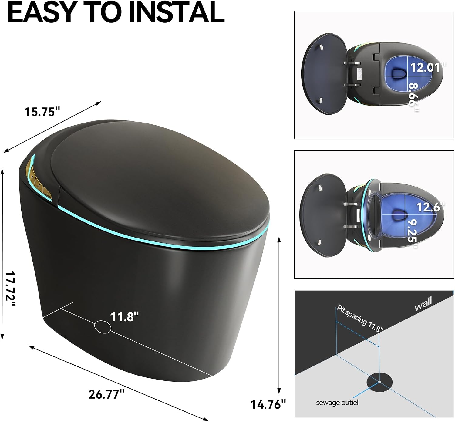 Smart Toilet, Electric Tankless Toilet with Bidet Built in & Dryer, Auto Open/Close, Instant Warm Water, Elongated Heated Seat, Auto Flush (Matte Black, Oval Egg Shaped)