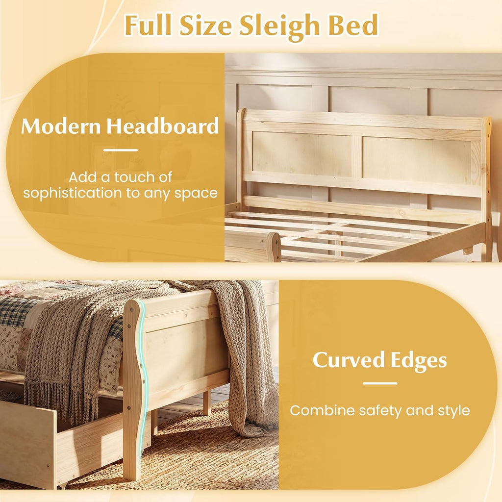 Giantex Full Bed Frame with 2 Storage Drawers, Wood Platform Bed with Headboard & Footboard, Wooden Slats Support Mattress Foundation, Sleigh Bedframe for Teens Adults, No Box Spring Needed (Natural)