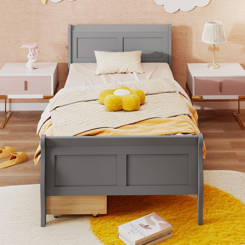 KOMFOTT Twin Bed with 2 Drawers, Twin Storage Bed with Headboard & Footboard, Sleigh Wood Bed Frame with Wooden Slats Support for Kids, Teens, Adults, No Box Spring Needed, Grey