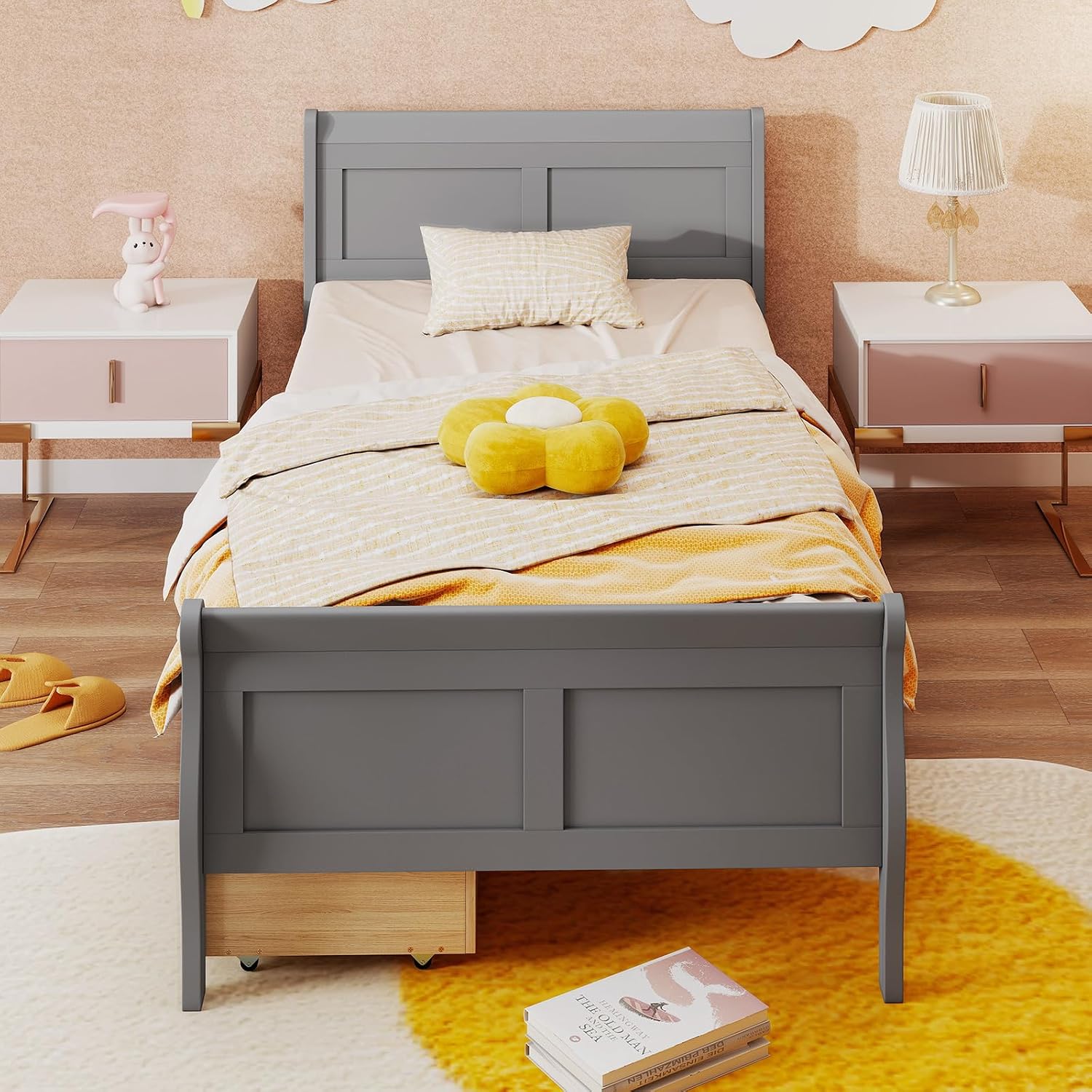 KOMFOTT Twin Bed with 2 Drawers, Twin Storage Bed with Headboard & Footboard, Sleigh Wood Bed Frame with Wooden Slats Support for Kids, Teens, Adults, No Box Spring Needed, Grey