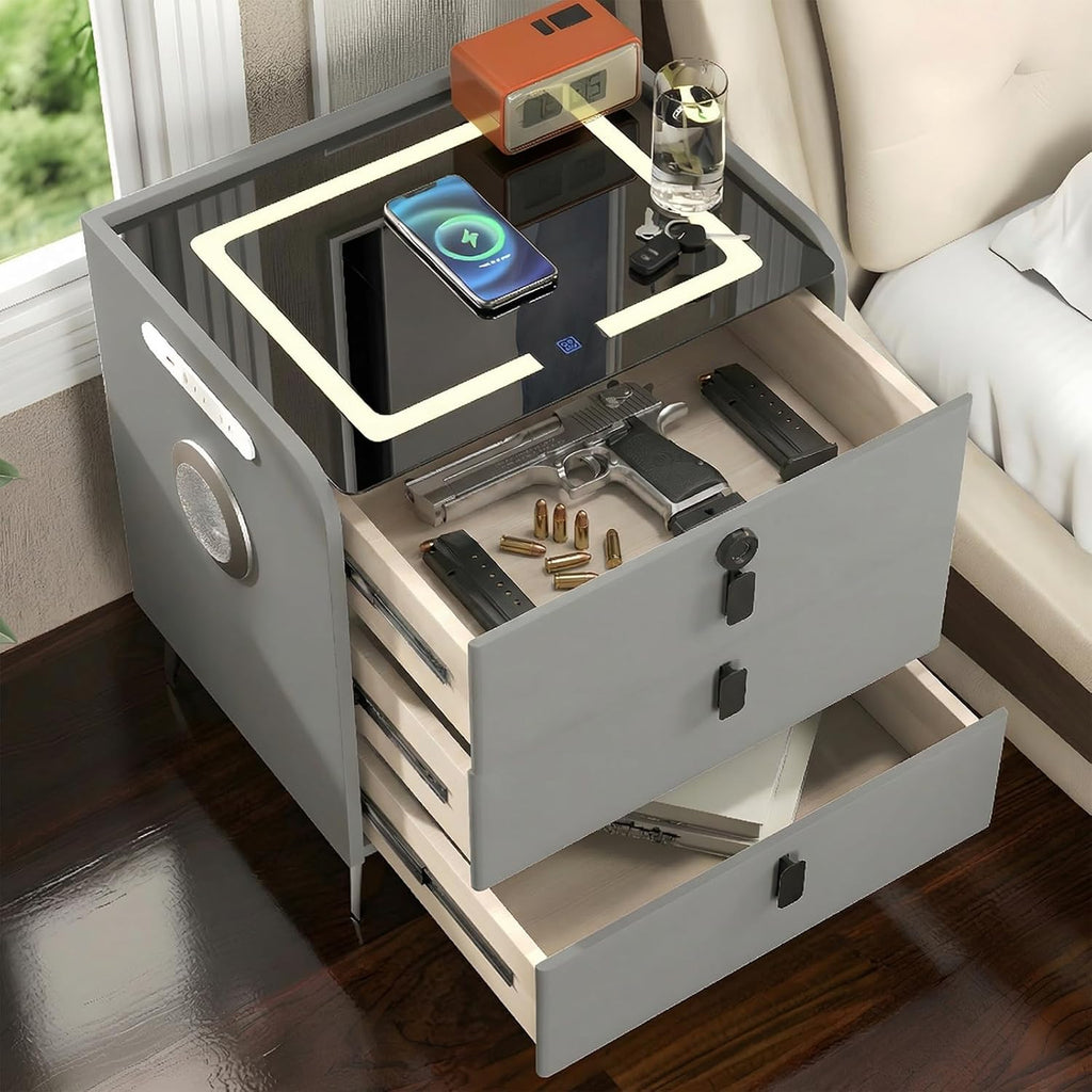 LED Nightstand with Fingerprint Lock, Modern Night Stand with Quiet Gun Drawers and Type C USB Ports, Wireless Charging Station, Storage End Table, Large Bedside Table for Dorm Bedroom, Grey