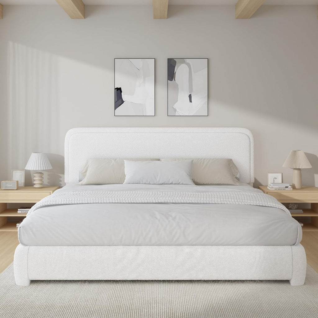BarnFurin Boucle Upholstered Bed Frame King Size/Cloud Bed Frame/Soft Rounded Corners Headboard/Low Profile/No Box Spring Needed/Non-Slip and Noise-Free/White