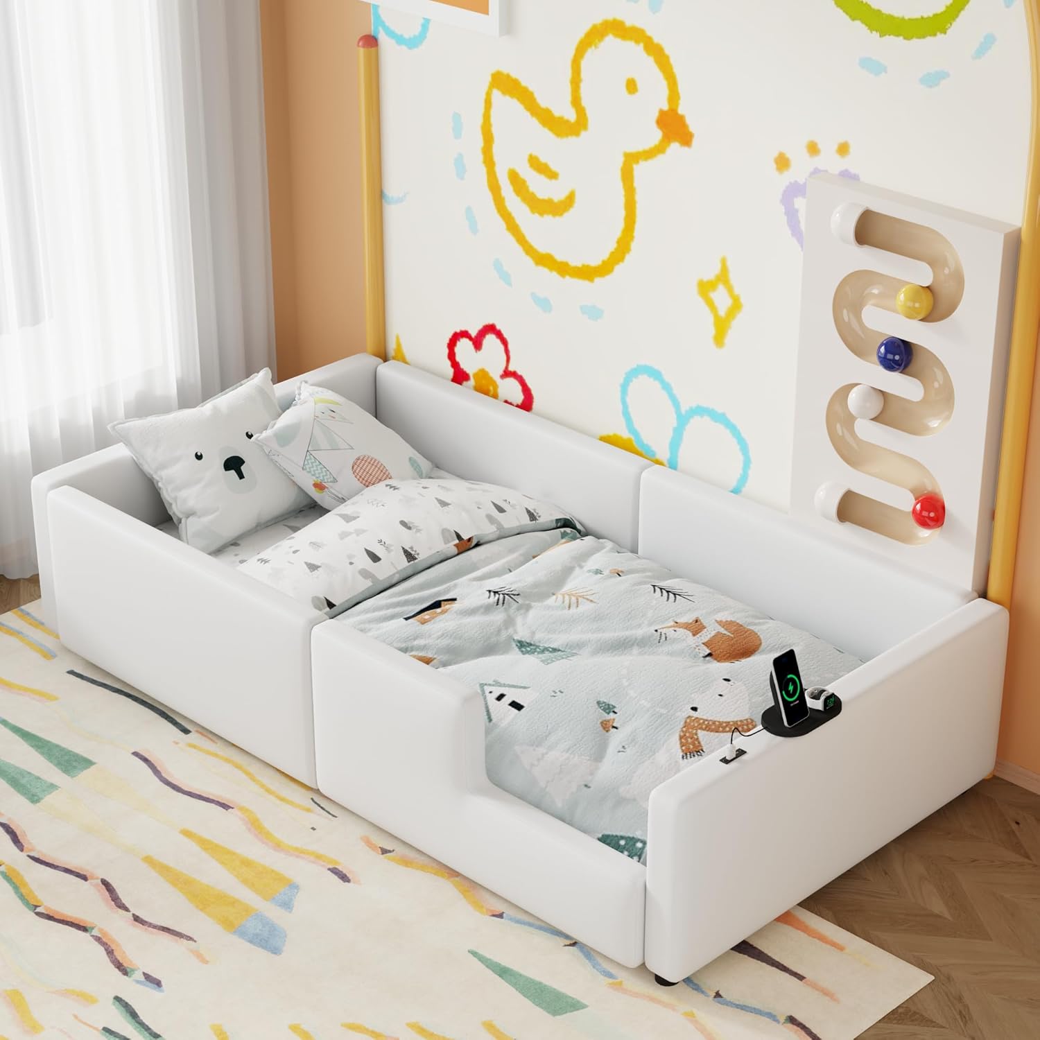VilroCaz Twin Size Upholstered Platform Bed with Safety Guardrail, Montessori Kids Floor Bed, Child Grounded Bed with Charging Station and Sturdy Slats Support