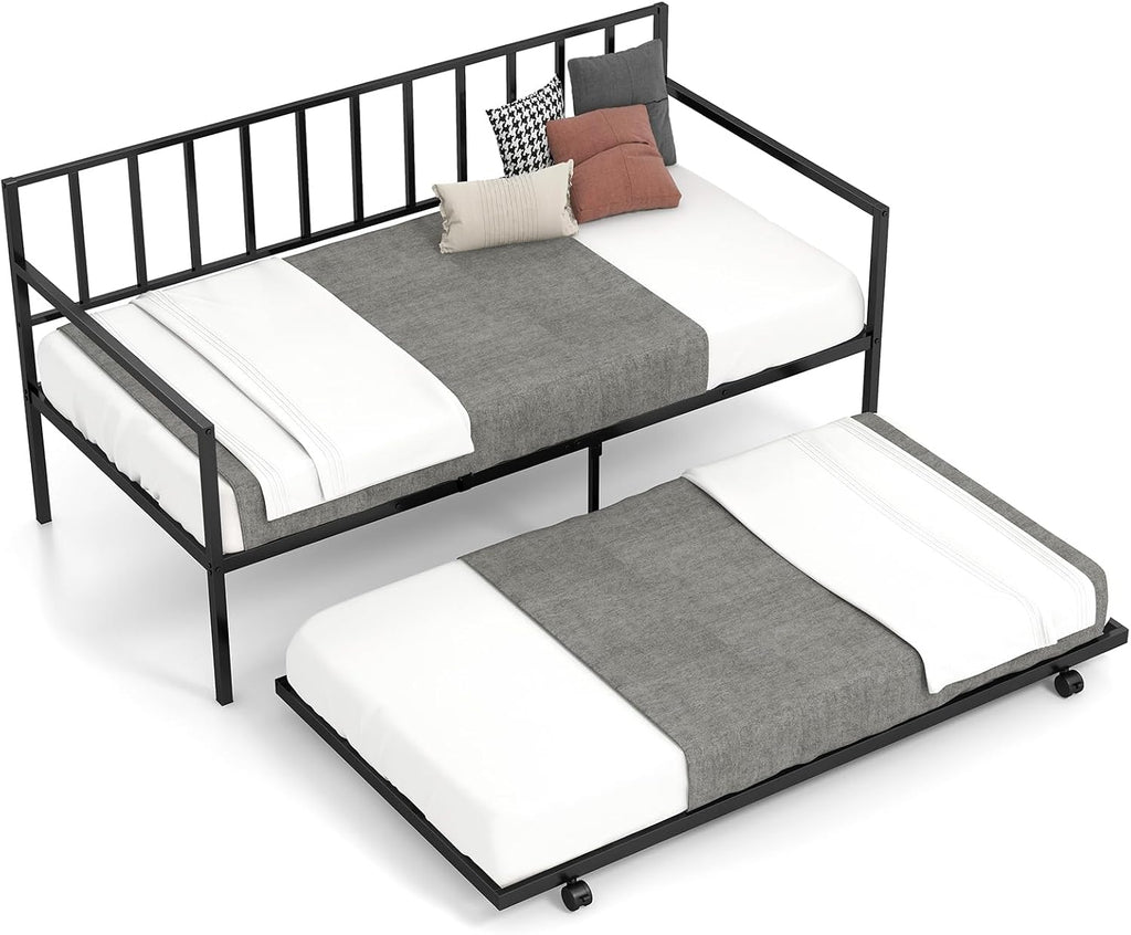KOMFOTT Twin Metal Daybed with Trundle, Metal Sofa Bed & Pull-Out Trundle Set with Lockable Casters, Daybed for Living Room, No Box Spring Needed