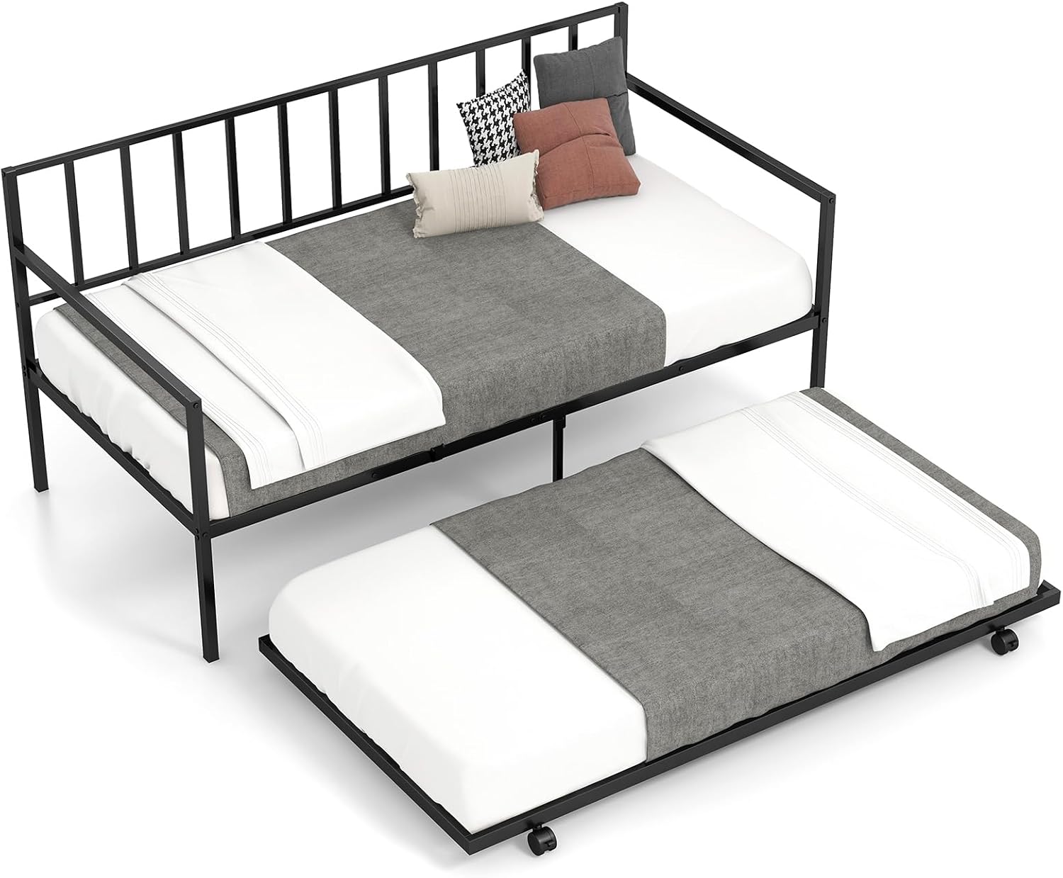 KOMFOTT Twin Metal Daybed with Trundle, Metal Sofa Bed & Pull-Out Trundle Set with Lockable Casters, Daybed for Living Room, No Box Spring Needed