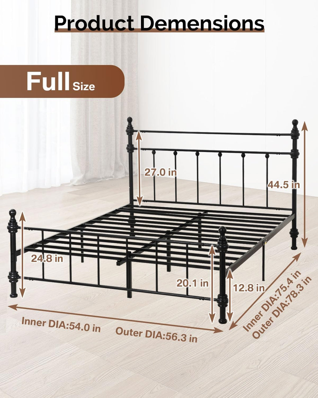 Full Size Bed Frame, Metal Platform Bed with Straight Headboard, Retro Luxury Roman Column, Easy Set up, No Box Spring Needed, Storage Space Under-Bed (Full)