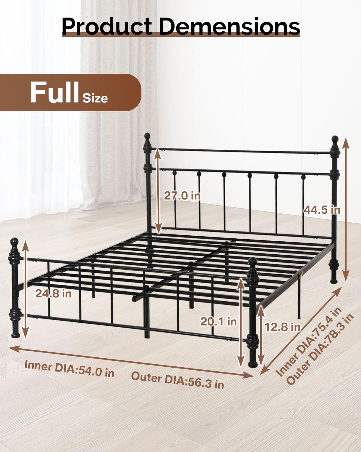 Full Size Bed Frame, Metal Platform Bed with Straight Headboard, Retro Luxury Roman Column, Easy Set up, No Box Spring Needed, Storage Space Under-Bed (Full)