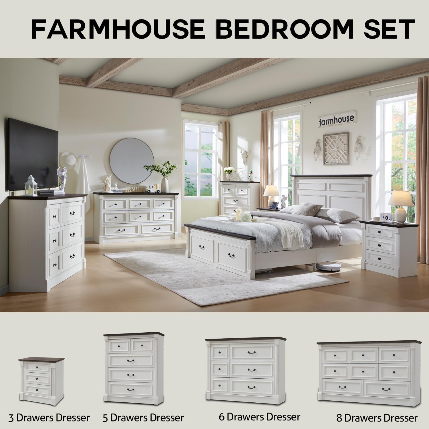 Aitjunz Farmhouse Queen Size Bed Frame with 51' Tall Headboard, Wood Platform Bed Frame with 20' Tall Roman Column Decoration Footboard & 2 Large Storage Drawers, No Box Spring Needed (White)
