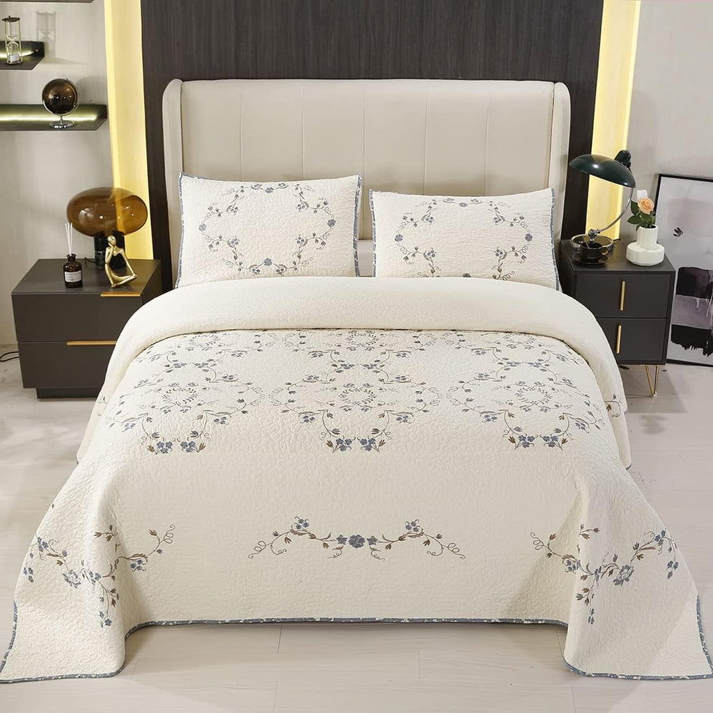 vctops 3-Piece Elegant Floral Embroidered Bedspread Coverlet Set 100% Cotton Reversible Patchwork 1 Quilt and 2 Pillow Shams Full/Queen, Flower B