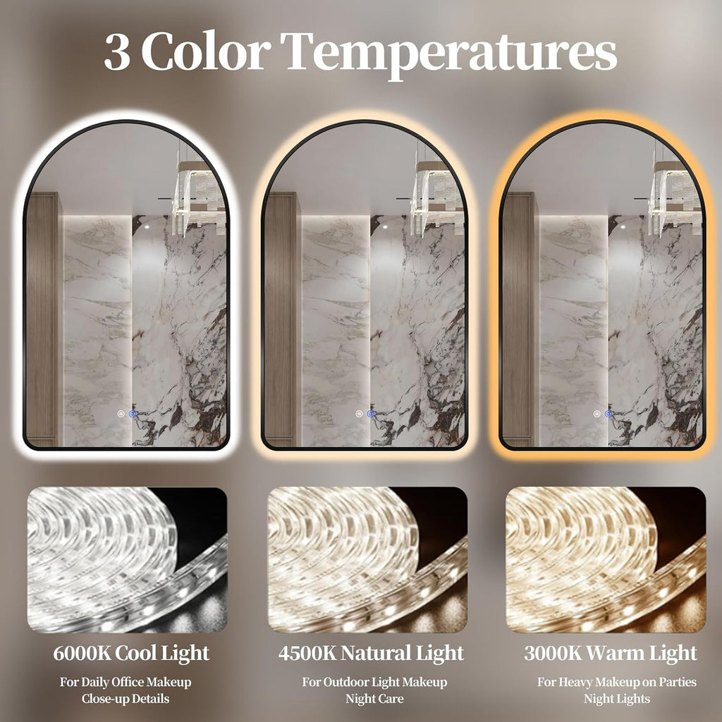 Arched LED Bathroom Mirror, 36'x24' Black Framed Arch Backlit Vanity Mirror with Lights, Anti-Fog, 3 Colors, Dimmable, Adjustable Brightness, Waterproof, UL Listed