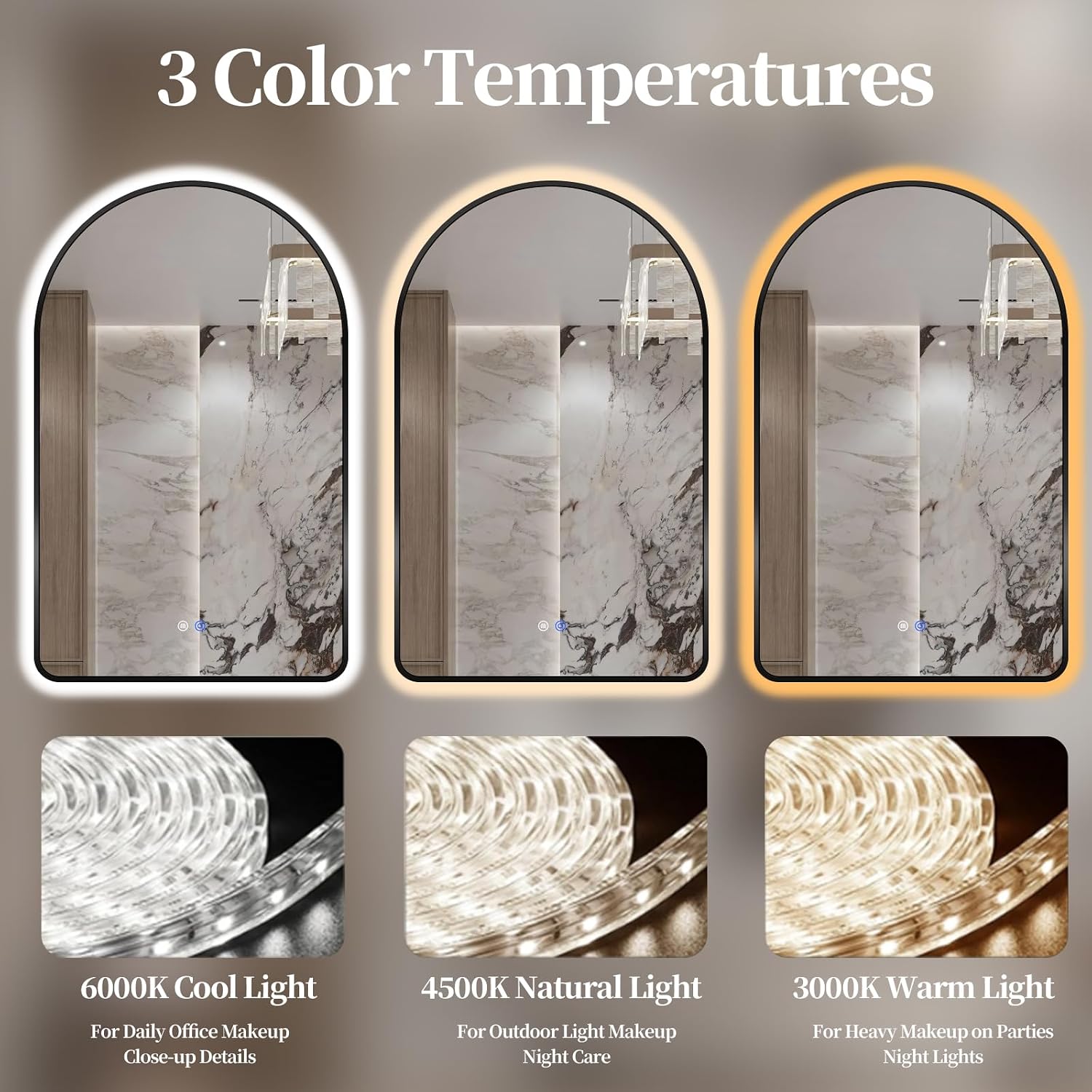 Arched LED Bathroom Mirror, 36'x24' Black Framed Arch Backlit Vanity Mirror with Lights, Anti-Fog, 3 Colors, Dimmable, Adjustable Brightness, Waterproof, UL Listed