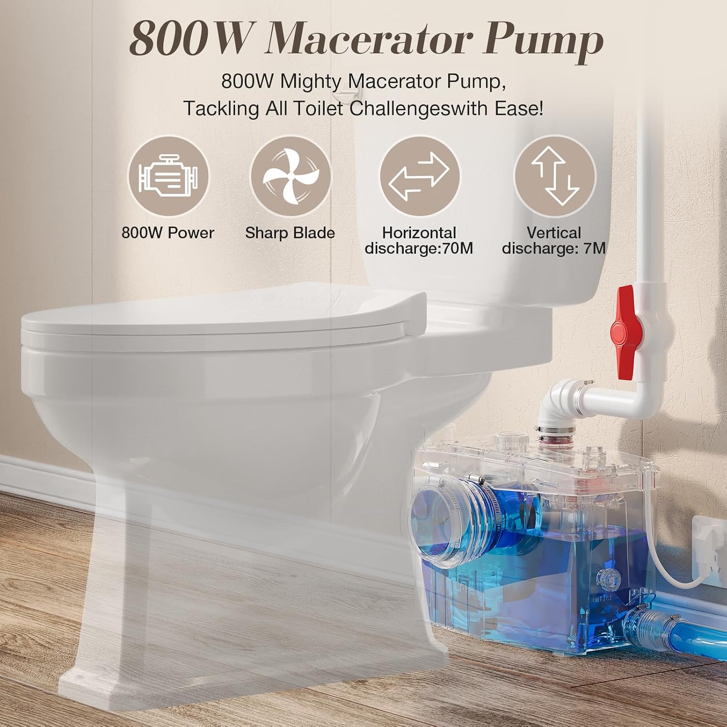 Macerating Toilet System, 800PRO HIGH POWER Macerator Pump with 4 Inlets & 2 Outlets for Kitchen Sink, Bathroom, Laundry, Easy Install Two Piece Upflush Toilet for Basement, Nano-glazed
